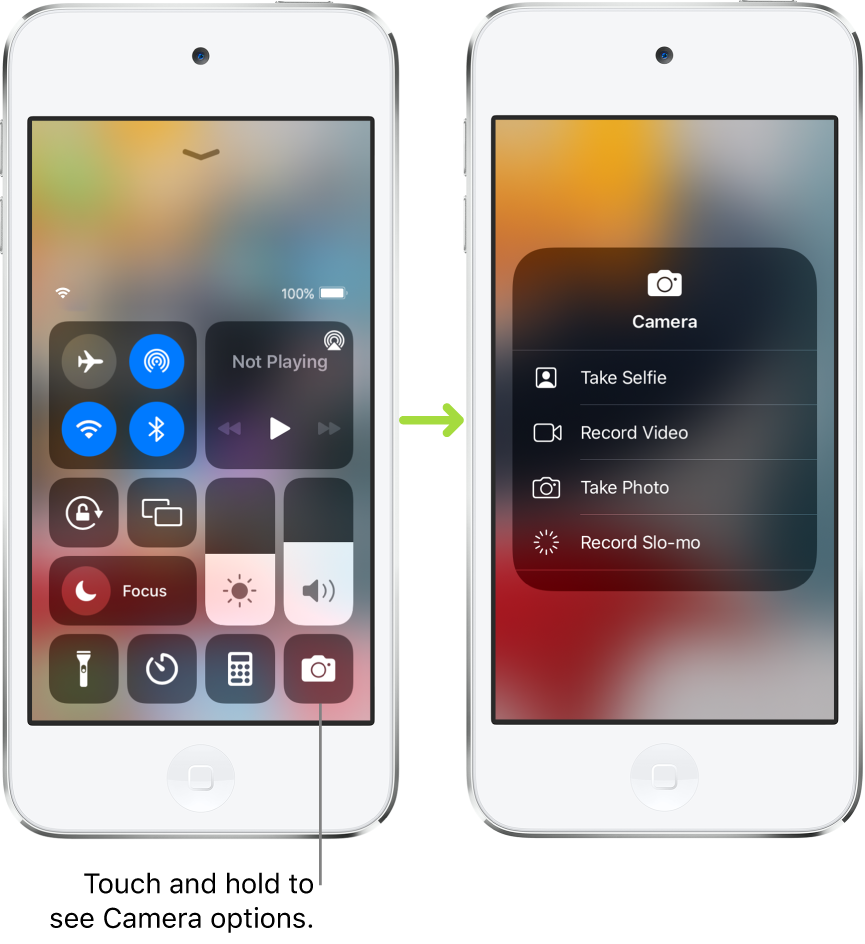 Two Control Center screens side by side—the one on the left shows controls for airplane mode, cellular data, Wi-Fi, and Bluetooth in the top-left group. The Camera icon is shown at the bottom right. The screen on the right shows more options in the quick actions menu for Camera: Take Selfie, Record Video, Take Photo, and Record Slo-mo.