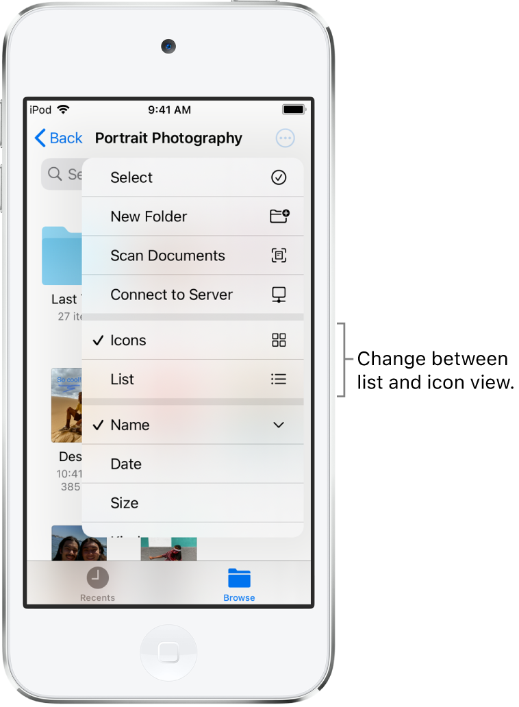 An iCloud Drive location for Photography files. The items are sorted by name and consist of a folder called Cottage remodel and six documents: Desert Stop, Karen Blue, Lakeside, Leafy Shadows, Mark Flip, and Susan Green. A button to change between list and icon view appears near the upper right.
