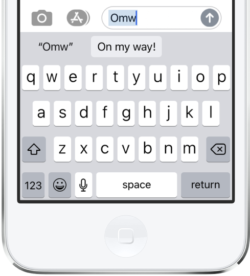 A message with the text shortcut OMW typed and the phrase “On my way!” suggested below as replacement text.
