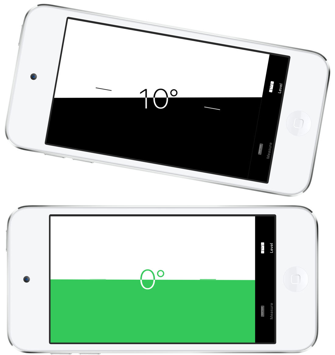 The level screen. On the top, iPod touch is tilted at an angle of ten degrees; on the bottom, iPod touch is level.