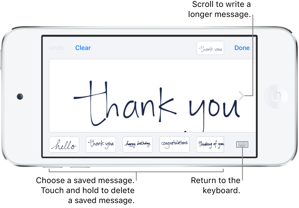 The handwriting screen with a handwritten message. Along the bottom, from left to right, are saved messages and the Show Keyboard button.