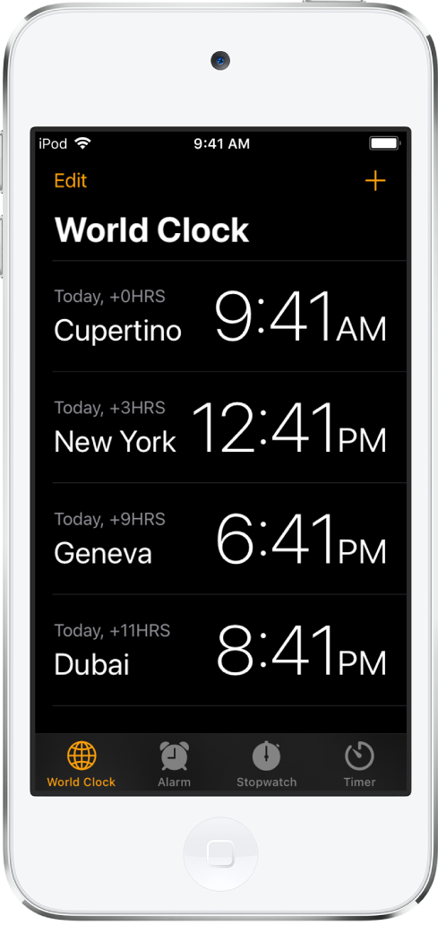 The World Clock tab, showing the time in various cities. The Edit button near the upper-left corner lets you reorder or delete clocks. The Add button near the upper-right corner lets you add more clocks. World Clock, Alarm, Stopwatch, and Timer buttons are along the bottom.