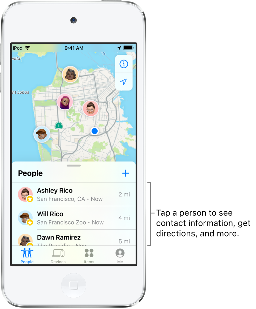 The Find My screen open to the People list. There are three people in the list: Ashley Rico, Will Rico, and Dawn Ramirez. Their locations are shown on a map of San Francisco.