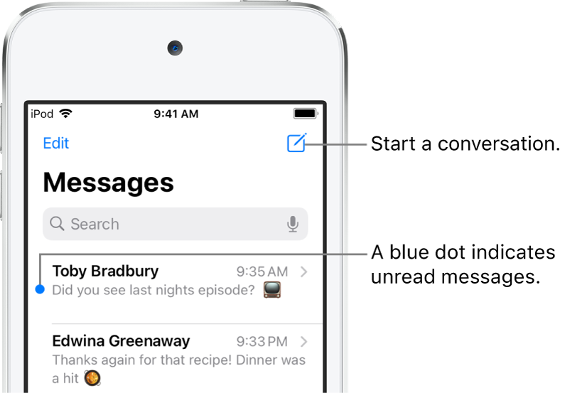 The Messages list, with the Edit button at the top left and the Compose button at the top right. A blue dot to the left of a message indicates it’s unread.