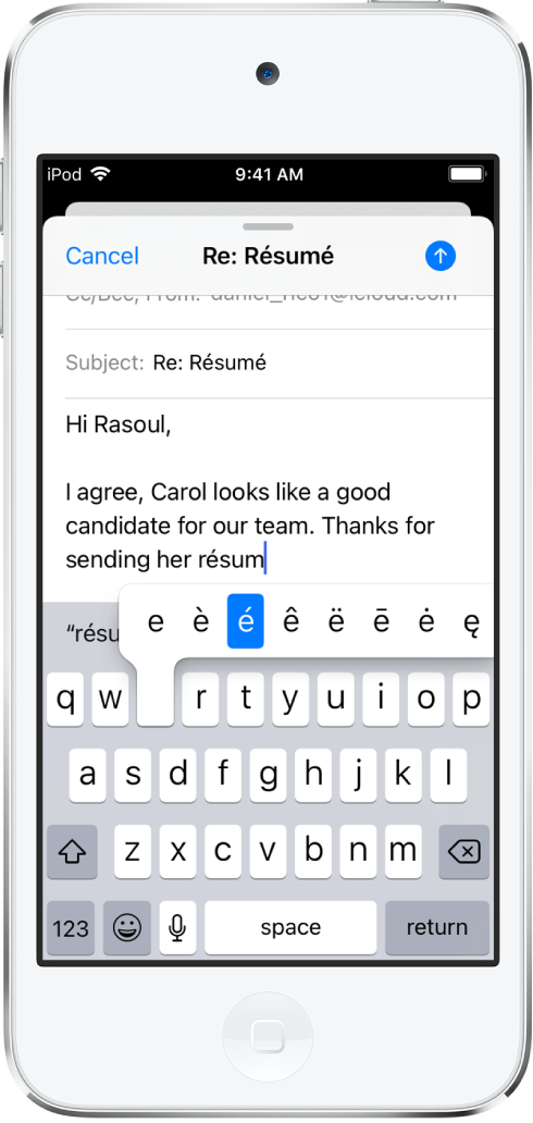 A screen showing an email being composed. The keyboard is open and showing alternate accented characters that appear when you touch and hold the E key.