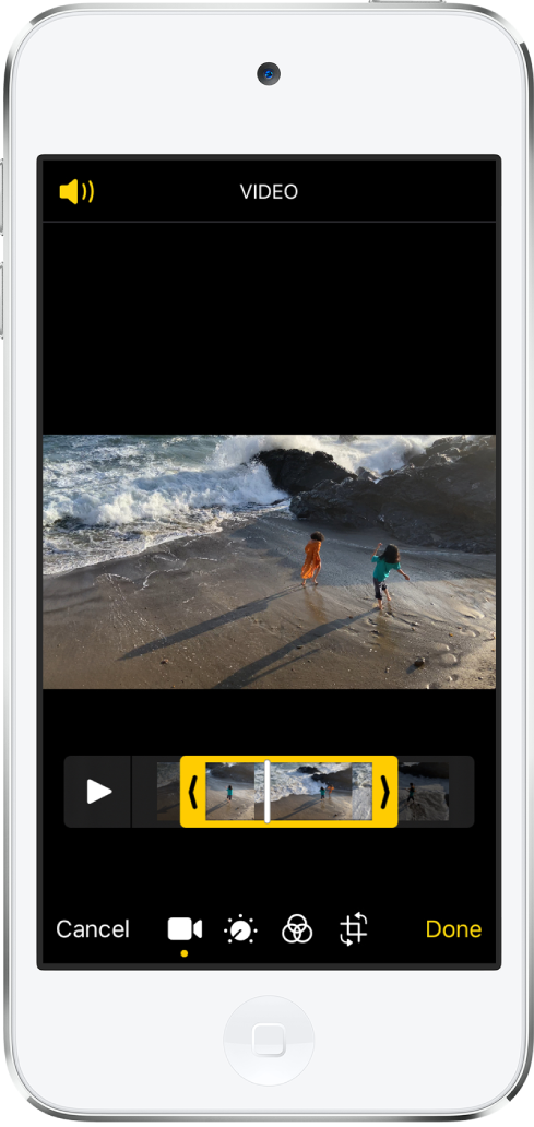 A video in the edit screen. The frame viewer is below the video. The Sound button is in the top-left corner of the screen. At the bottom of the screen, from left to right, are the following buttons: Cancel, Video, Adjust color, Filter, Crop, and Done.