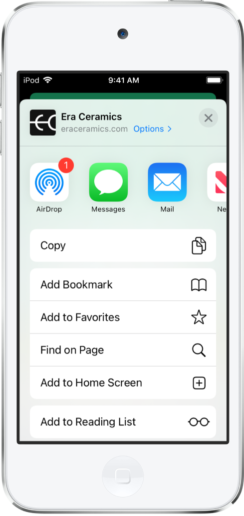 The Share menu. Across the top are apps that can be used to share links. Below is a list of other options, including Add Bookmark, Add to Favorites, Find on Page, Add to Home Screen, and Add to Reading List.