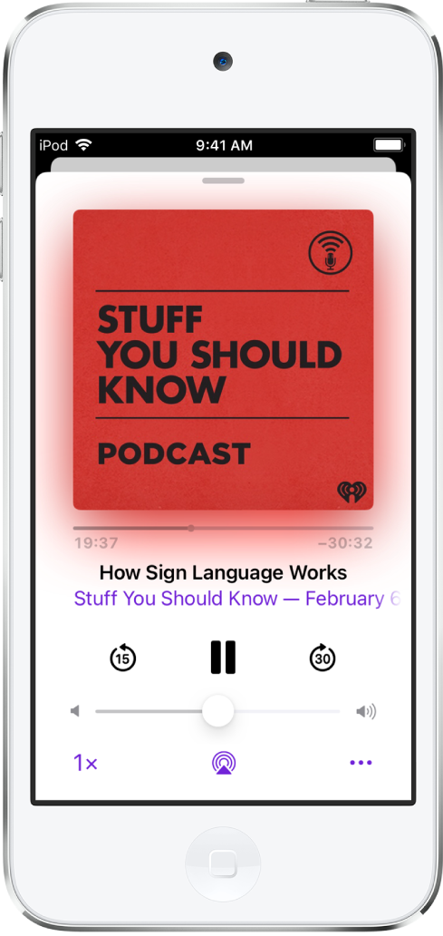 The podcast player screen showing the podcast cover at the top. Below the cover are the playhead, podcast name, episode title, and the play, pause, and skip back and skip forward controls. Below the player controls is the volume control slider. At the bottom of the screen, from left to right, are the Playback Speed button, Sleep Timer button, Playback Destination button, and Share button.