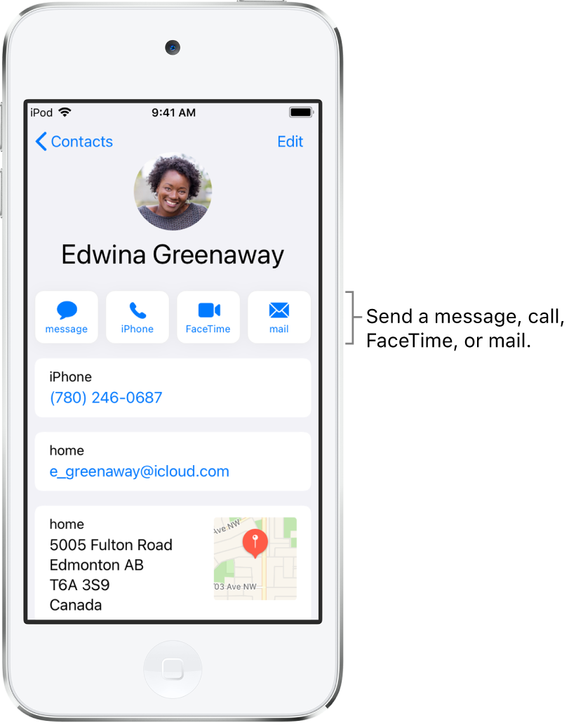 The info screen for a contact. At the top is the contact’s photo and name. Below are buttons for sending a message, making a phone call, making a FaceTime call, and sending an email message. Below the buttons is the contact information.