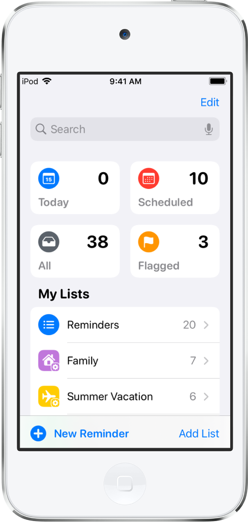 A screen showing several lists in Reminders. The search field appears at the top above Smart Lists for reminders due today, scheduled reminders, all reminders, and flagged reminders. The Add List button is at the bottom right.