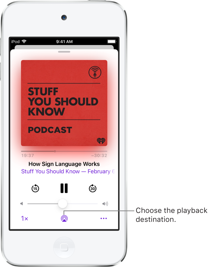 The playback controls for a podcast, including the Playback Destination button at the bottom of the screen.