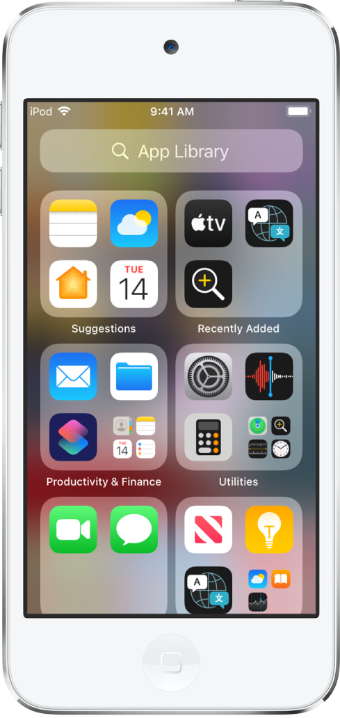 App Library on iPod touch showing the apps organized by category (Suggestions, Recently Added, Utilities, and so on).