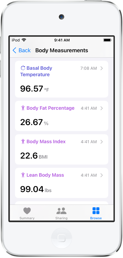 A details screen for the Body Measurements category.