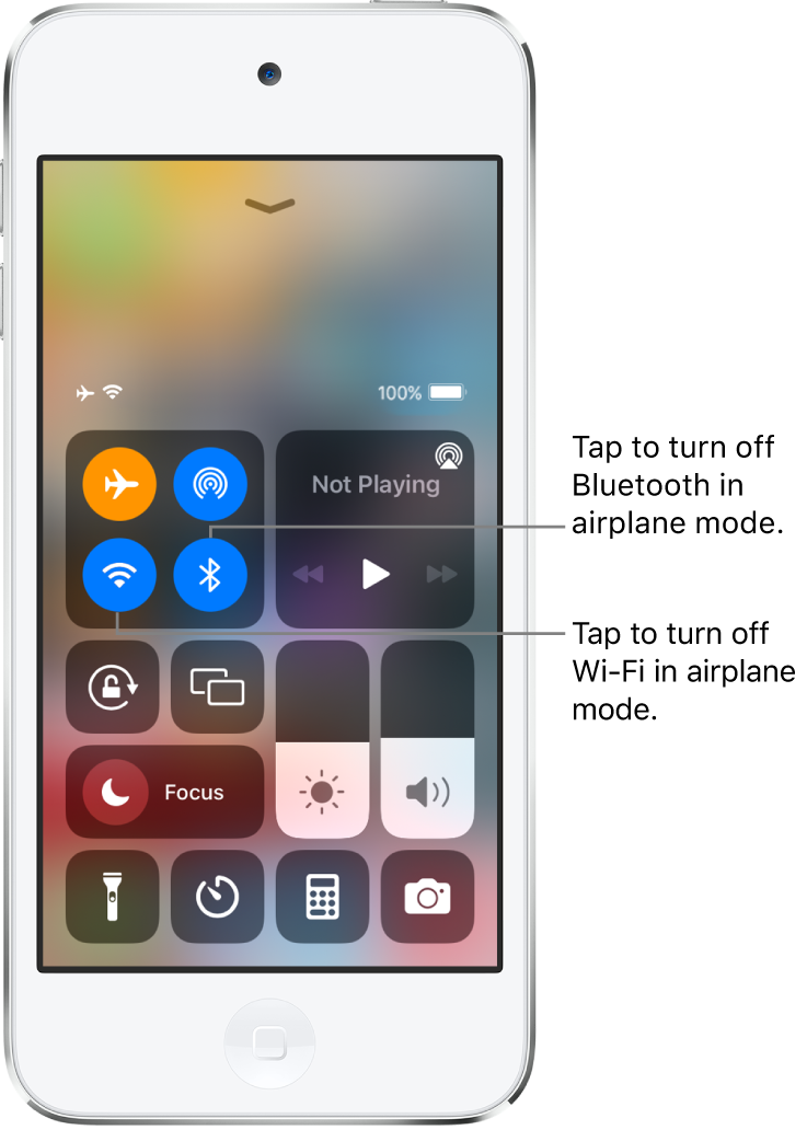 Control Center with airplane mode on. In the top-left group of controls are the Wi-Fi button (bottom left) and the Bluetooth button (bottom-right).