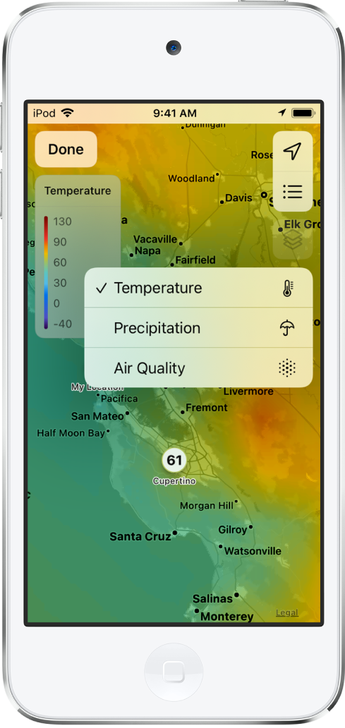 A temperature map of the surrounding area fills the screen. In the top-right corner, from top to bottom, are the Current Location, Favorite Locations, and Overlay Menu buttons. The Overlay button is selected and shows options for changing the screen display to show temperature, precipitation, or air quality. In the top-left corner is the Done button.