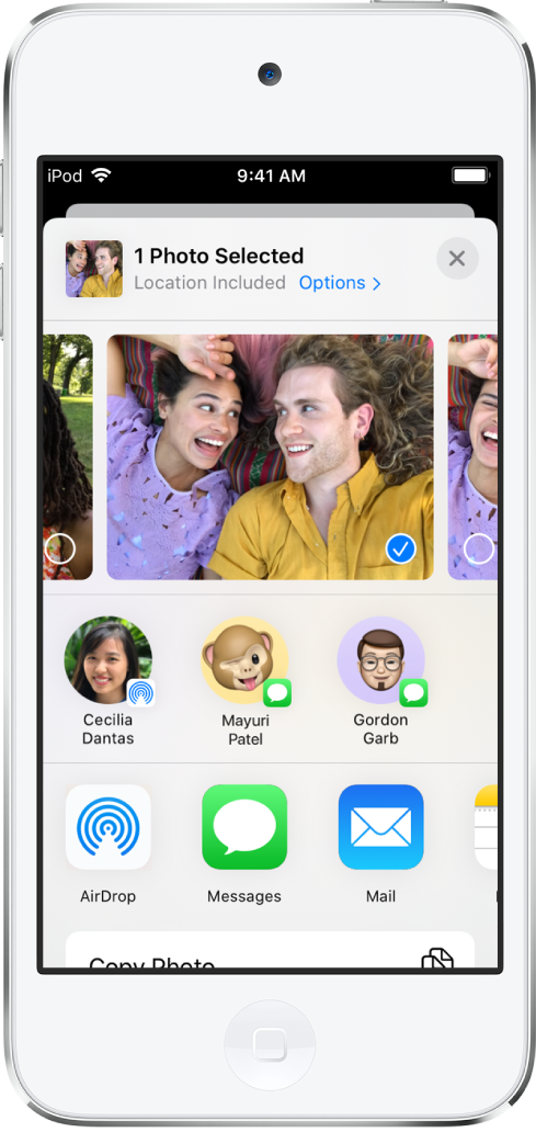 The Sharing screen with photos across the top; one photo is selected, indicated with a white checkmark in a blue circle. The row beneath the photos shows friends you can share with using AirDrop. Below that are other sharing options, including, from left to right, Messages, Mail, Shared Albums, and Add to Notes. In the bottom row are the Copy, Copy iCloud Link, Slideshow, and AirPlay buttons.