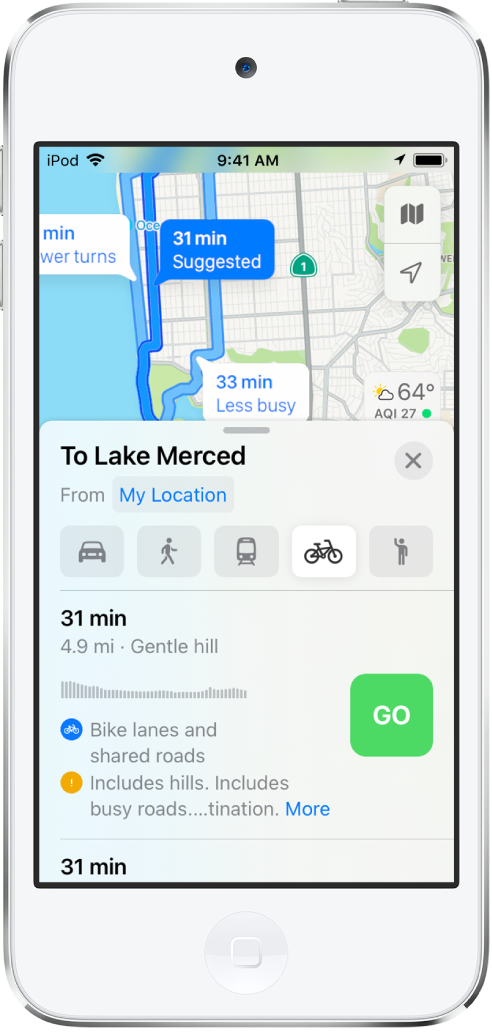 A map showing multiple cycling routes. The route card at the bottom provides details for the first route, including estimated time, elevation changes, and the types of roads. A Go button appears next to the route description.