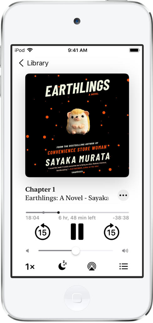 The audiobook player screen showing the audiobook cover in the top center. Below the cover are the track number, audiobook name, and author. Below the audiobook name is the playhead, and below that are the play, pause, and skip back and skip forward controls. Below the player controls is the volume control slider. At the bottom of the screen, from left to right, are the Playback Speed button, Sleep Timer button, Playback Destination button, and Track List button. The Library button is at the top-left corner.