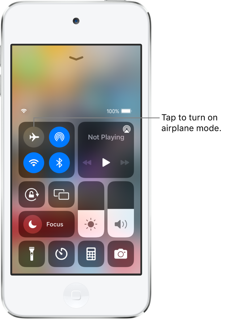 The Control Center screen showing that tapping the top-left button turns on airplane mode.