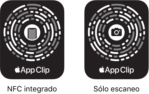 A la izquierda, un código de App Clip con NFC integrado con un ícono de iPhone en el centro. A la derecha, un código de App Clip de escaneo con un ícono de cámara en el centro.