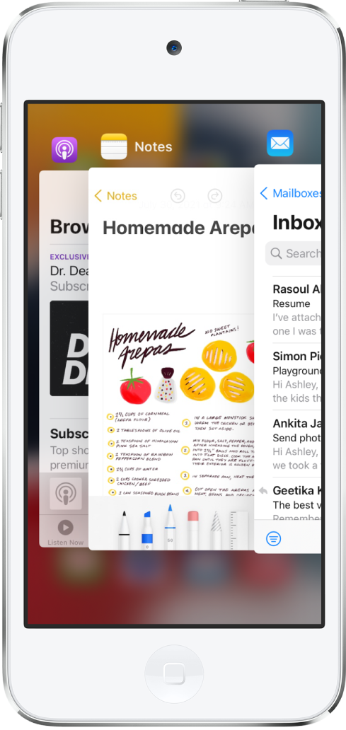 Ver el selector de apps. Íconos de las apps abiertas aparecen en la parte superior y la pantalla actual de cada app aparece debajo de su ícono.