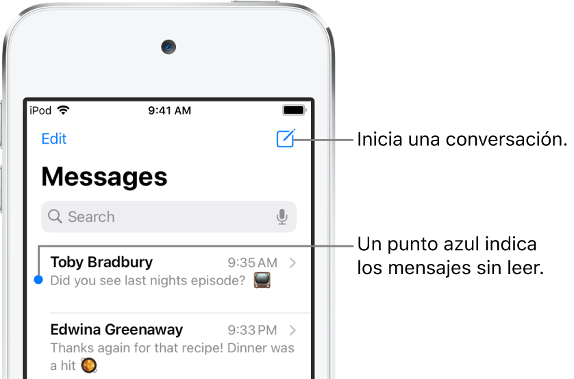 La lista Mensajes, con el botón Editar en la parte superior izquierda y el botón Redactar en la parte superior derecha. Un punto azul a la izquierda del mensaje indica que no se ha leído.