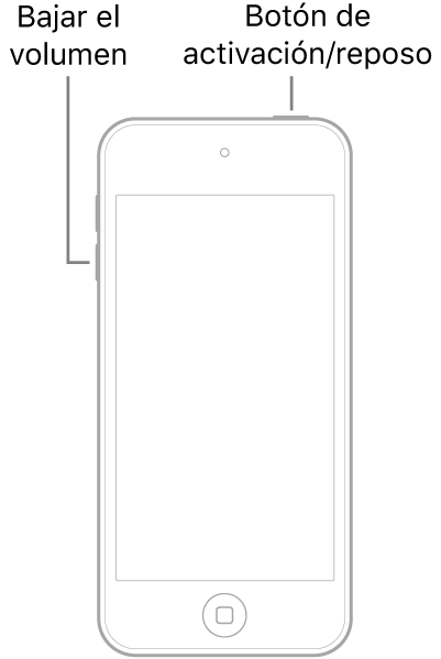 Una ilustración de un iPod touch con la pantalla hacia arriba. El botón de activación/reposo se encuentra en la parte superior del dispositivo, y el botón para bajar el volumen está en el lado izquierdo.