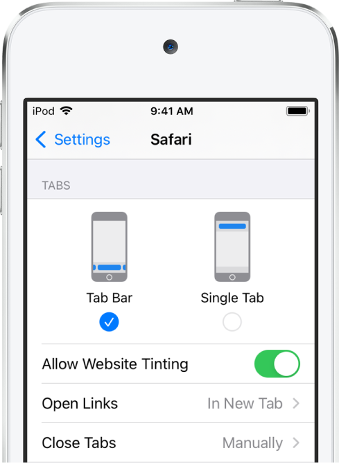 Una pantalla mostrando dos opciones de disposición de Safari: Barra de pestañas y Una pestaña.