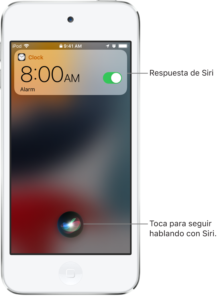 Siri en la pantalla bloqueada. Una notificación de la app Reloj muestra que hay una alarma activada para las 8:00 a.m. Un botón en la parte inferior de la pantalla se usa para seguir hablando con Siri.