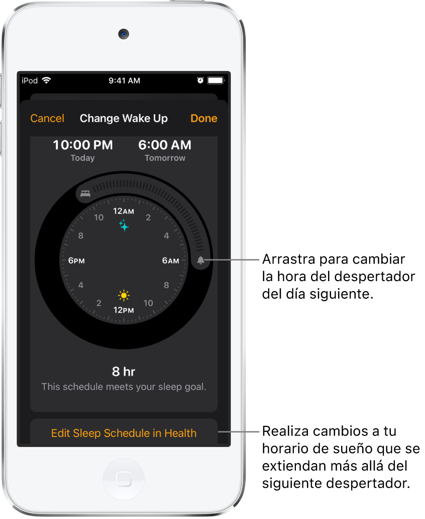 Una pantalla para cambiar la alarma del día siguiente, con botones que se pueden arrastrar para cambiar las horas de dormir y de despertar y un botón para cambiar el horario de sueño en la app Salud.