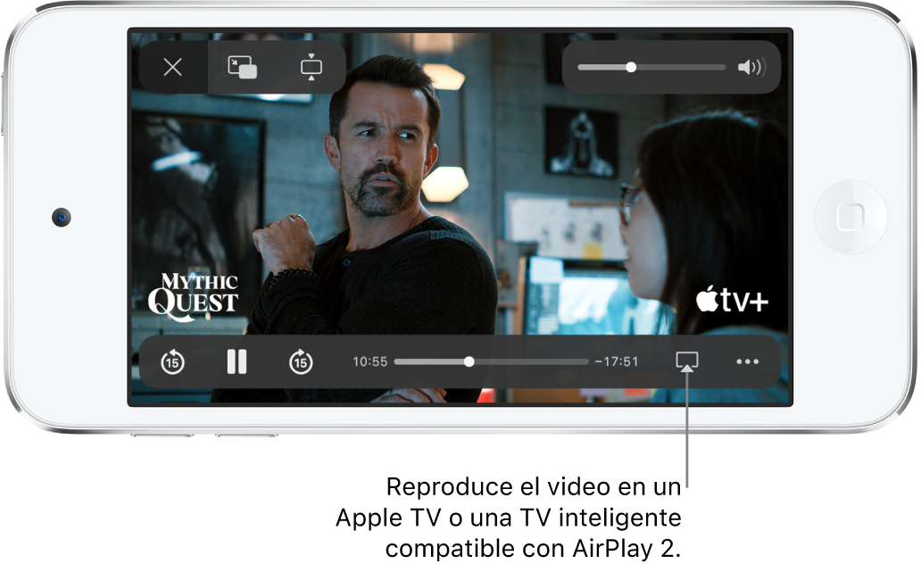 Una película reproduciéndose en la pantalla del iPod touch. En la parte inferior de la pantalla están los controles de reproducción, que incluyen el botón AirPlay cerca de la esquina inferior derecha.