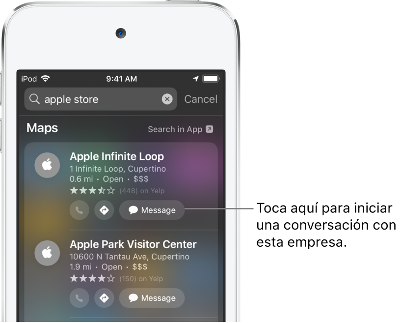 Pantalla Buscar con los ítems encontrados para Mapas. Cada resultado muestra una breve descripción, calificación o dirección, y cada sitio web muestra una dirección URL. El segundo resultado muestra un botón para iniciar un chat para clientes con Apple Store.