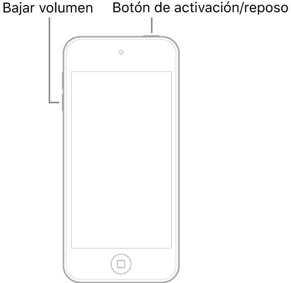 Ilustración de un iPod touch con la pantalla hacia arriba. En la parte superior del dispositivo está el botón de activación/reposo y el botón de bajar volumen se encuentra en el lado izquierdo del dispositivo.