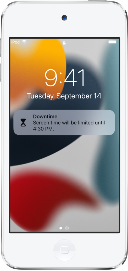Pantalla bloqueada del iPod touch con una notificación de tiempo de inactividad, que indica que el tiempo de uso está limitado hasta las 16:30 h.