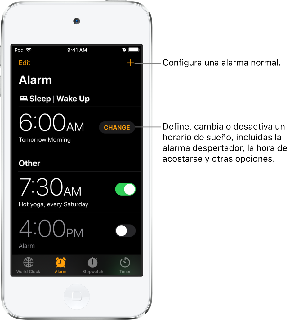 La pestaña Alarma, con tres alarmas definidas para horas distintas, el botón para programar una alarma periódica en la parte superior derecha y la alarma despertador, con un botón para cambiar el horario de sueño en la app Salud.