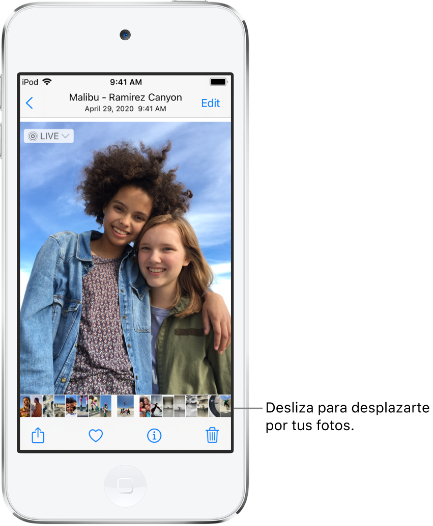 Foto con miniaturas de otras fotos en la parte inferior de la pantalla. Arriba a la izquierda hay un botón de retroceder, que te lleva a la visualización en la que estabas explorando. Abajo están los botones Compartir, “Me gusta” y Eliminar. En la parte superior derecha está el botón Editar.