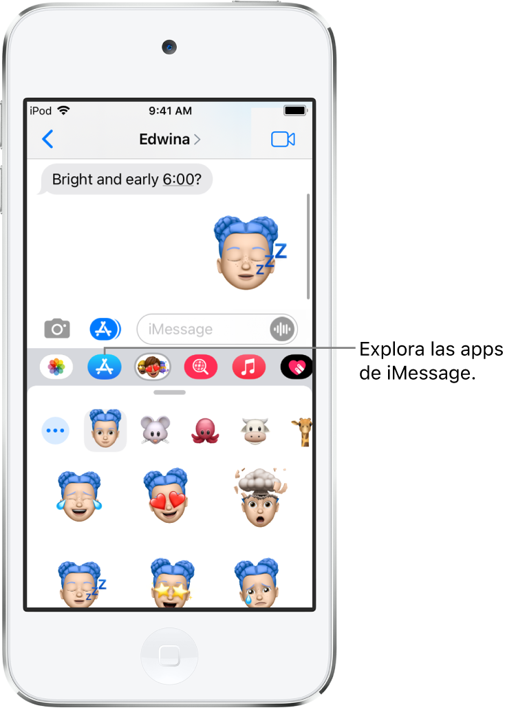 Conversación de Mensajes con el botón “Navegador de apps” de iMessage seleccionado. En la sección de apps abierta se muestran stickers con emoticonos.