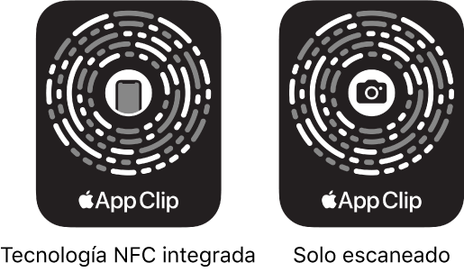 A la izquierda, un código de clip de app con etiqueta NFC integrada y con el icono de un iPhone en el centro. A la derecha, un código de clip de app para escanear con el icono de una cámara en el centro.