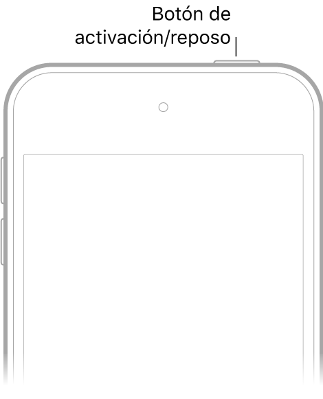 La parte frontal del iPod touch con el botón de activación/reposo.