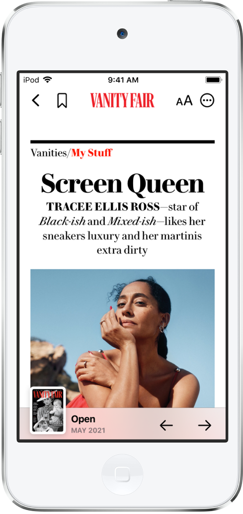 Näytössä näkyy aikakauslehden juttu. Yläreunassa ovat Back-, Resize Text- ja Share-painikkeet. Julkaisun nimi näkyy myös yläreunassa. Juttu tulee näkyviin painikkeiden alle. Näytön vasemmassa alareunassa on Contents-painike (aikakauslehden kansikuvan miniatyyri) ja oikealla on Previous- ja Next-painikkeet.