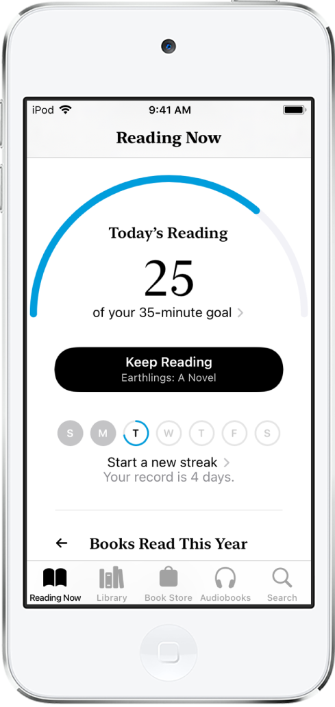 Lukutavoitteet-osio Luettavana-kohdassa. Lukulaskuri näyttää, että 6 minuuttia 10 minuutin tavoitteesta on suoritettu. Laskurin alapuolella on Jatka lukemista -painike ja viikonpäiviä sunnuntaista lauantaihin osoittavia ympyröitä. Tiistain ympyrässä on sininen reunus, joka kertoo lukemisen edistymisestä sinä päivänä.