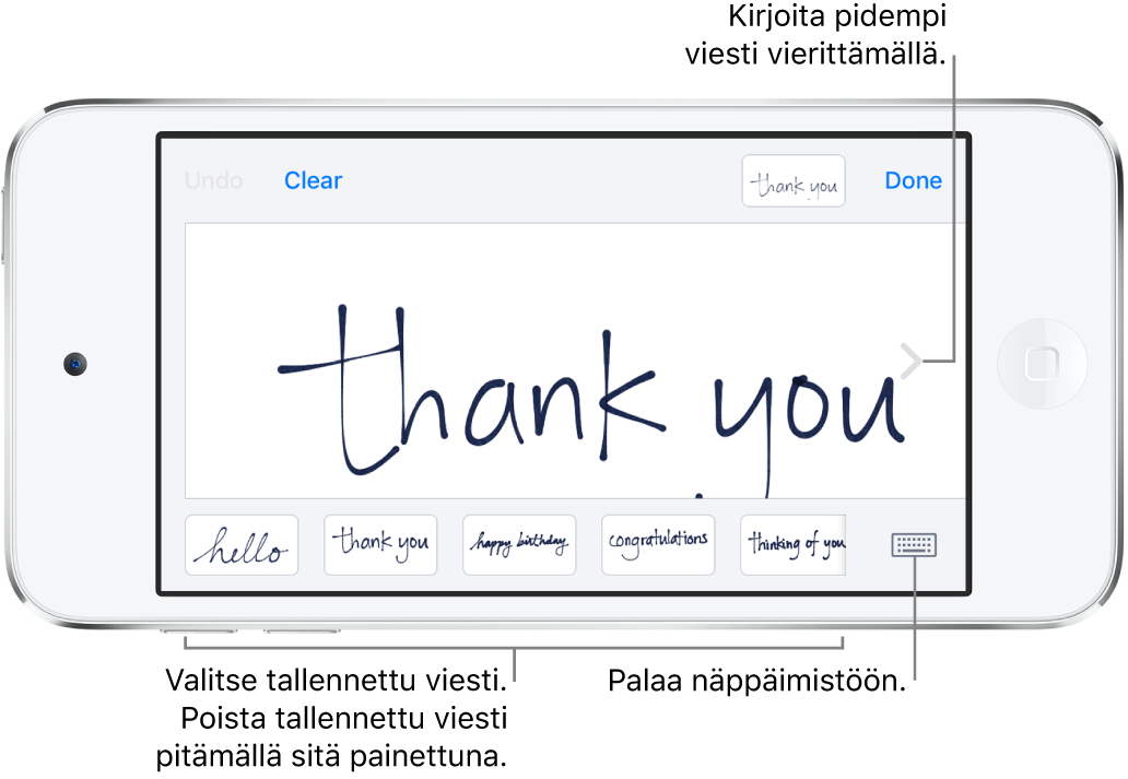 Käsinkirjoitusnäyttö, jossa on käsinkirjoitettu viesti. Alareunassa vasemmalta oikealle ovat tallennetut viestit ja Näytä näppäimistö -painike.