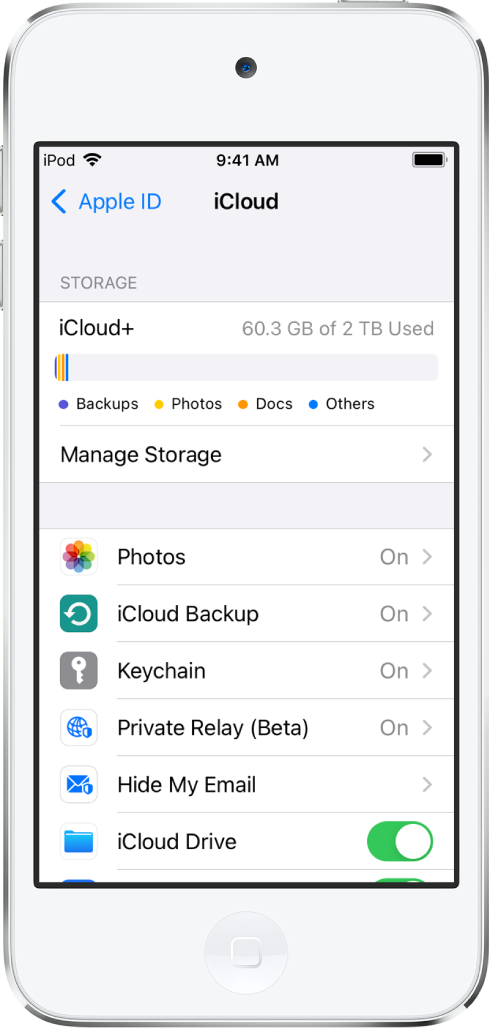 iCloud-asetusnäyttö, jossa näkyy iCloud-tallennustilan mittari, sekä luettelo apeista ja ominaisuuksista, joita voidaan käyttää iCloudin kanssa – kuten Mail, Yhteystiedot ja Viestit.