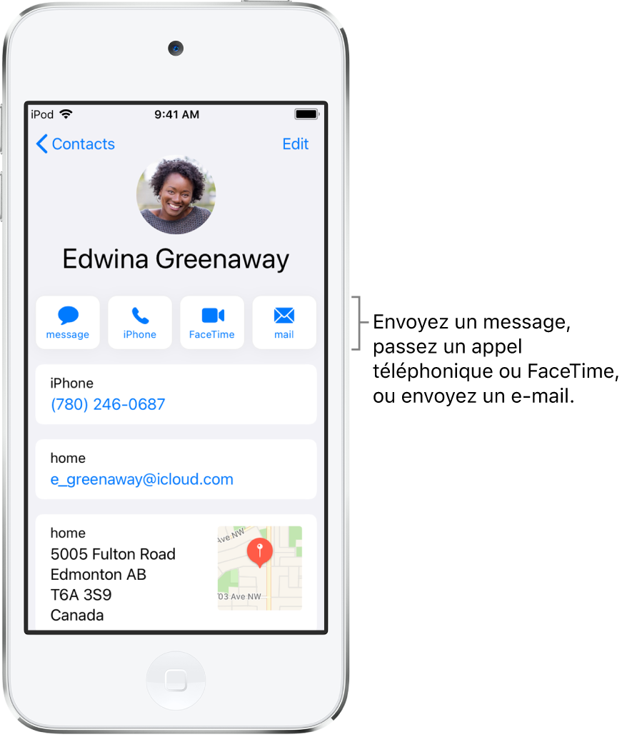 L’écran Infos pour un contact. Le nom et la photo du contact se trouvent en haut. En dessous se trouvent les boutons pour envoyer un message, passer un appel, passer un appel FaceTime et envoyer un message par e-mail. Sous les boutons se trouvent les coordonnées du contact.