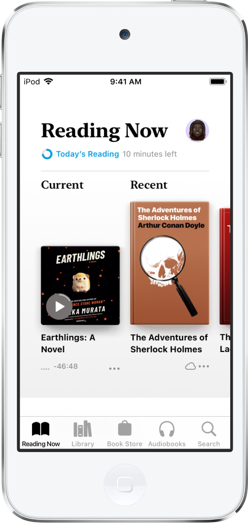 L’écran « En cours » dans l’app Livres. En bas de l’écran se trouvent, de gauche à droite, les onglets En cours, Bibliothèque, Librairie, Livres audio et Rechercher.