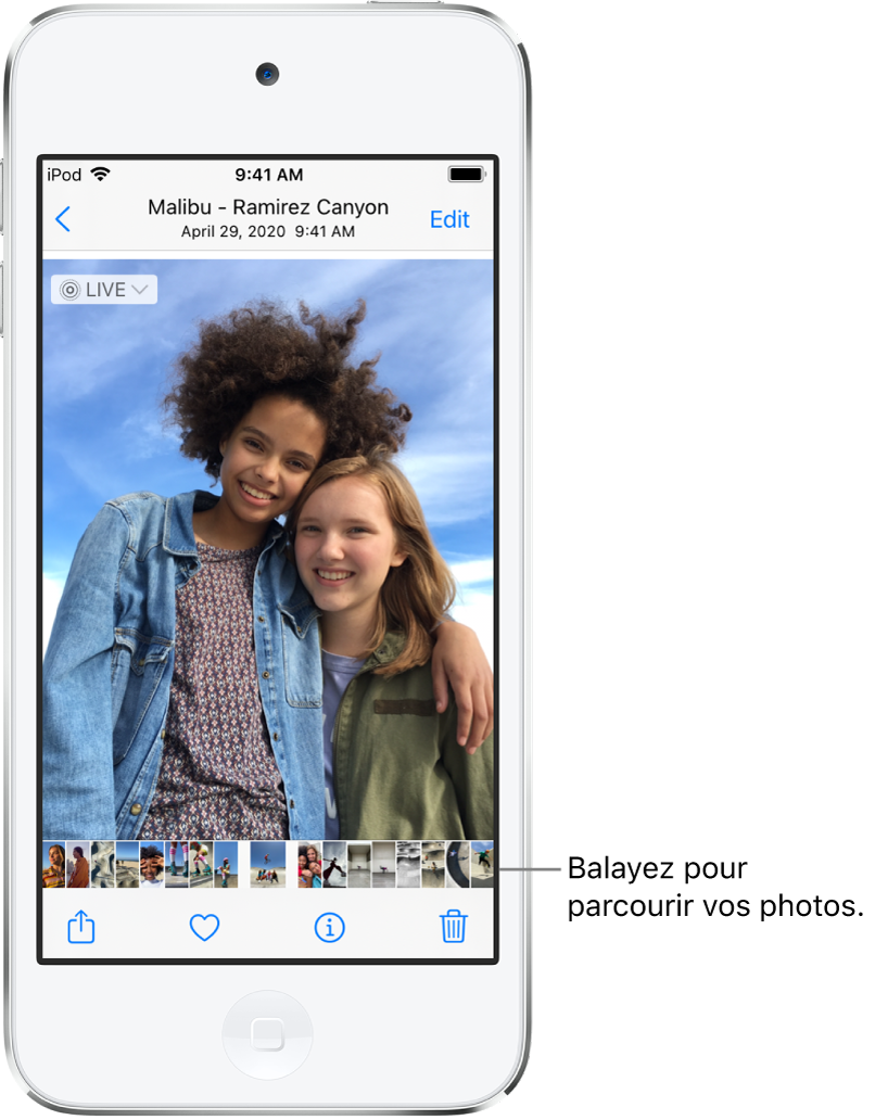 Une photo, avec les vignettes d’autres photos au bas de l’écran. En haut à gauche, le bouton Retour permet de revenir à l’affichage que vous étiez en train de parcourir. En bas, vous trouverez les boutons Partager, Aimer et Supprimer. En haut à droite se trouve le bouton Modifier.