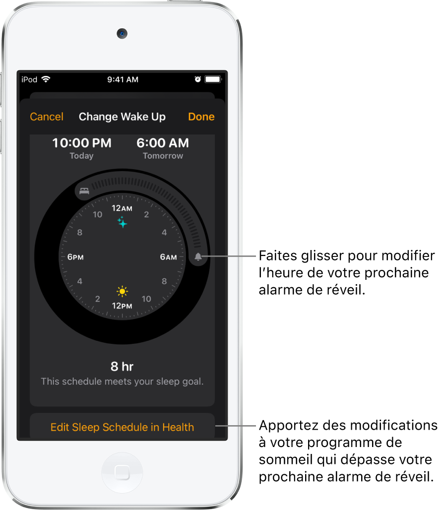 Un écran permettant de modifier l’alarme de réveil du lendemain, avec des boutons à faire glisser pour modifier les heures de coucher et de réveil, ainsi qu’un bouton pour modifier le programme de sommeil dans l’app Santé.