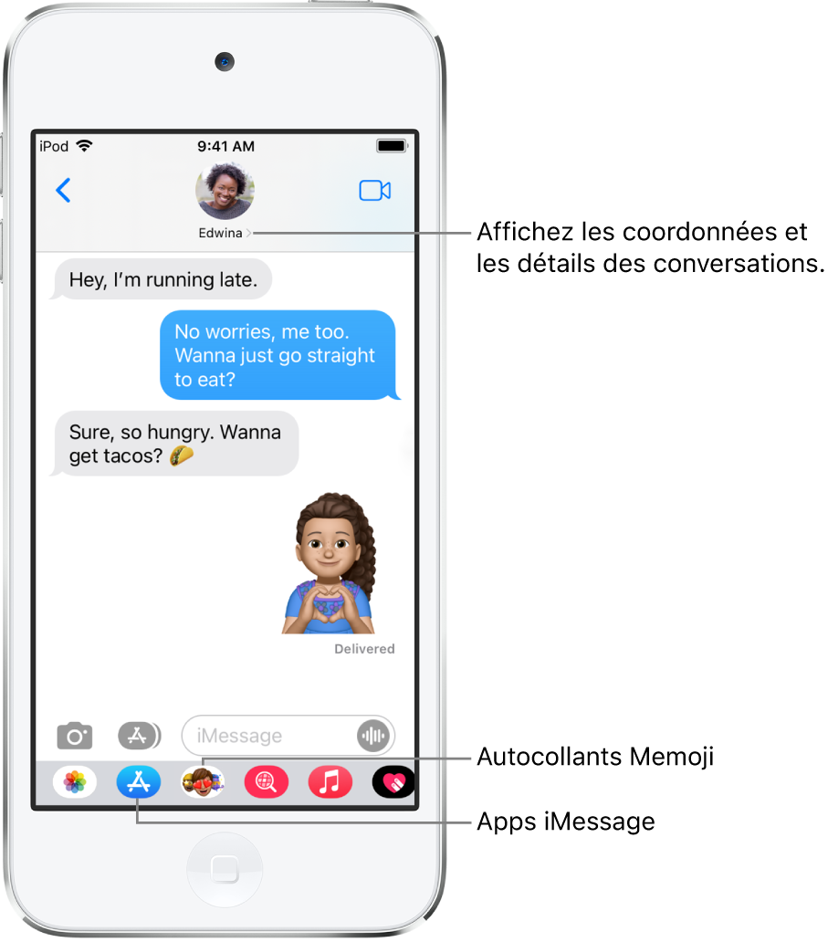 Exemple de conversation dans Messages. En haut de l’écran, de gauche à droite, sont affichés le bouton Retour et le nom de la personne à laquelle vous écrivez. Au centre, se trouvent les messages envoyés et reçus au cours de la conversation. En bas de l’écran, de gauche à droite, sont affichés les boutons Photos, Stores, #images, Musique, Digital Touch et de l’app iMessage.