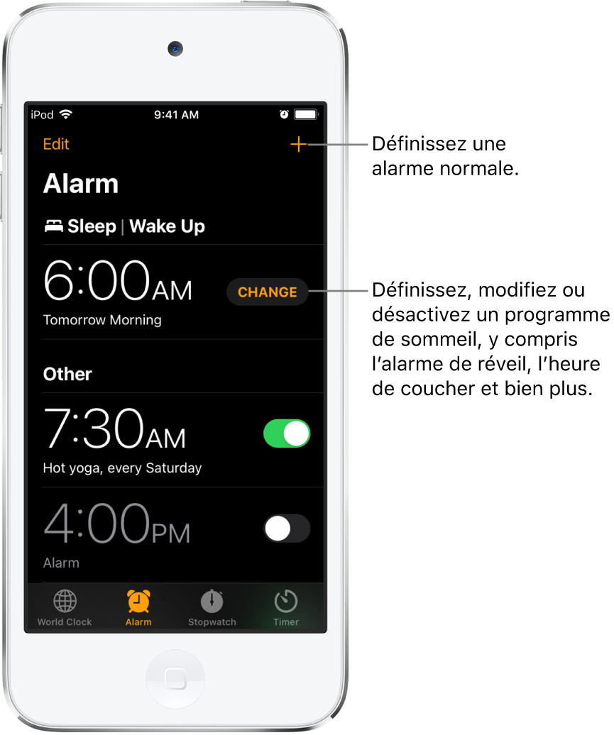 L’onglet Alarme affichant trois alarmes réglées à différentes heures, le bouton pour régler une alarme régulière en haut à droite, et l’alarme de réveil avec un bouton pour changer le programme de sommeil dans l’app Santé.