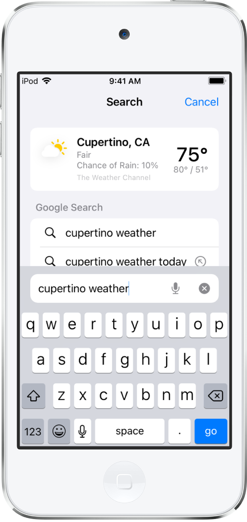 En bas de l’écran se trouve le champ de recherche de Safari, qui contient le texte « météo cupertino ». En haut de l’écran, un résultat de l’app Météo présentant la météo et la température actuelles à Cupertino est affiché. En dessous figure des résultats de Recherche Google. À droite de chaque résultat se trouve une flèche permettant d’accéder à la page en question.